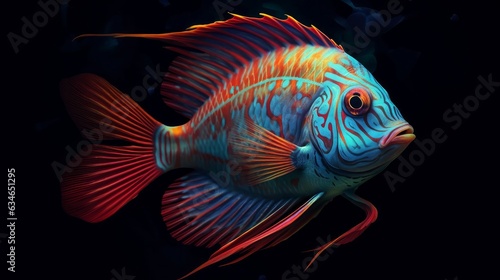 A colourful vibrant exotic fish deep underwater on a dark background