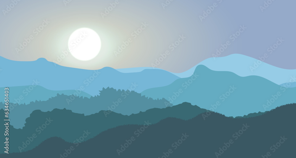 Dawn,sunset in the mountains landscape. Solar glow against the backdrop of forest and mountains. Beautiful nature. Panoramic mountain view. Vector illustration.