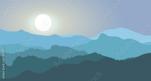 Dawn,sunset in the mountains landscape. Solar glow against the backdrop of forest and mountains. Beautiful nature. Panoramic mountain view. Vector illustration.