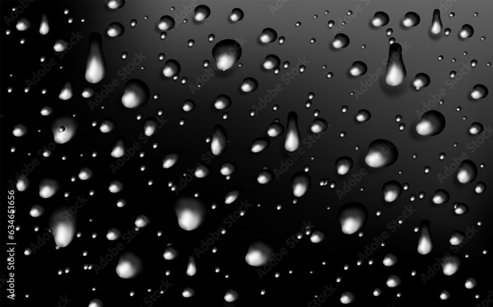 Rain transparent drops flow down the glass.Realistic wet condensation texture.Fresh water splash effect on the surface.Liquid spreading droplet shapes.