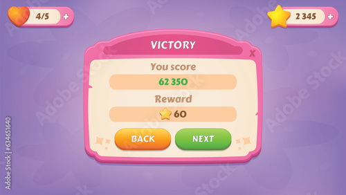 Victory. GUI Kit casual assets for a game mobile, a set of user interface elements and pop-ups for the game interface.