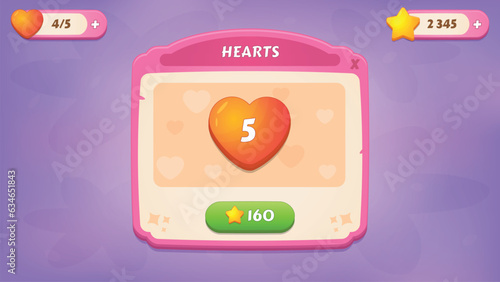 Buying lives, hearts. GUI Kit casual assets for a game mobile, a set of user interface elements and pop-ups for the game interface.