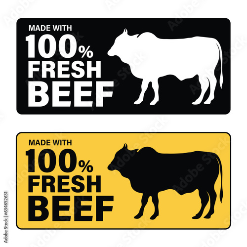 Made with 100 Percent Fresh Beef Meat, Packaging Sticker label Design, Flat Vector, Logo, Symbol, Icon, Badge, Pictogram, Printable banner, Premium Quality, Isolated illustration, Latest Modern Design