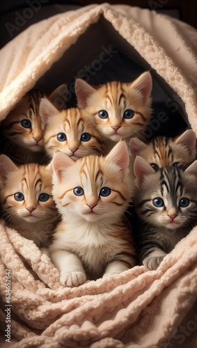A group of adorable kittens cuddled up together in a cozy blanket fort.