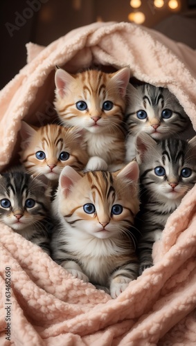 A group of adorable kittens cuddled up together in a cozy blanket fort.