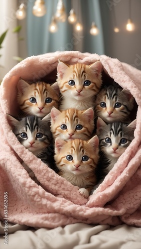 A group of adorable kittens cuddled up together in a cozy blanket fort.