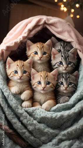 A group of adorable kittens cuddled up together in a cozy blanket fort.