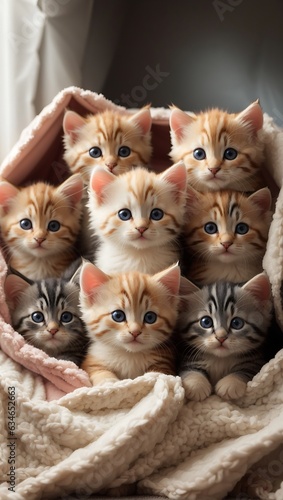 A group of adorable kittens cuddled up together in a cozy blanket fort.
