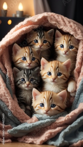 A group of adorable kittens cuddled up together in a cozy blanket fort.