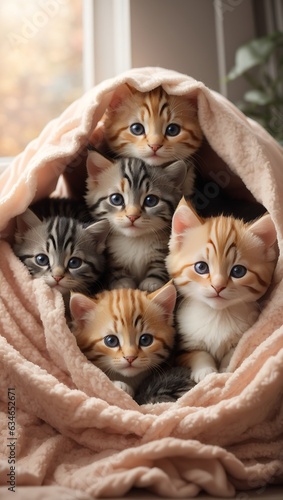 A group of adorable kittens cuddled up together in a cozy blanket fort.