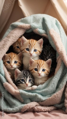 A group of adorable kittens cuddled up together in a cozy blanket fort.