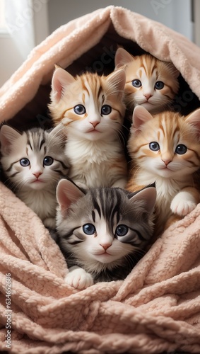 A group of adorable kittens cuddled up together in a cozy blanket fort.