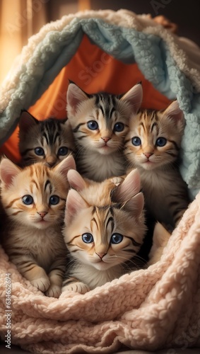 A group of adorable kittens cuddled up together in a cozy blanket fort.