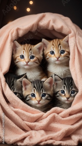 A group of adorable kittens cuddled up together in a cozy blanket fort.