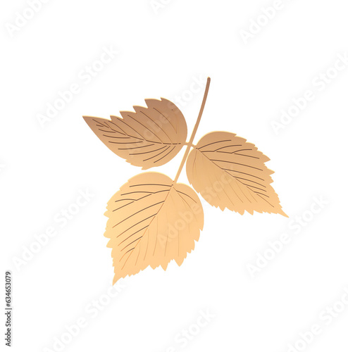 Twig with three golden autumn leaves. 3D illustration, render, isolated on white background. Element for autumn design.