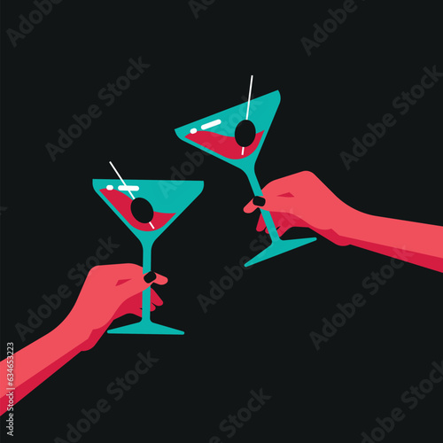 Flat illustration party drinkig. Cheers! Martini glasses with hands isolated on black background photo