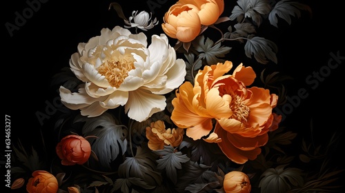 Painting of orange and silver Peony flower bouquet on black. Art painting for wall frames. Ai generative.
