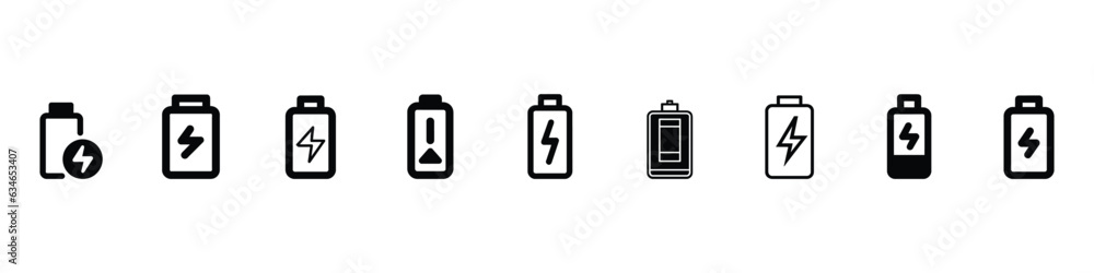Battery icons set, full battery icon vector, Battery charge indicator icon. Battery load icon set, full Battery icons set. charge level icons. Charging icon Battery icons set, full battery icon vector, Battery charge indicator icon. Battery load icon set, full Battery icons set. charge level icons. Charging icon