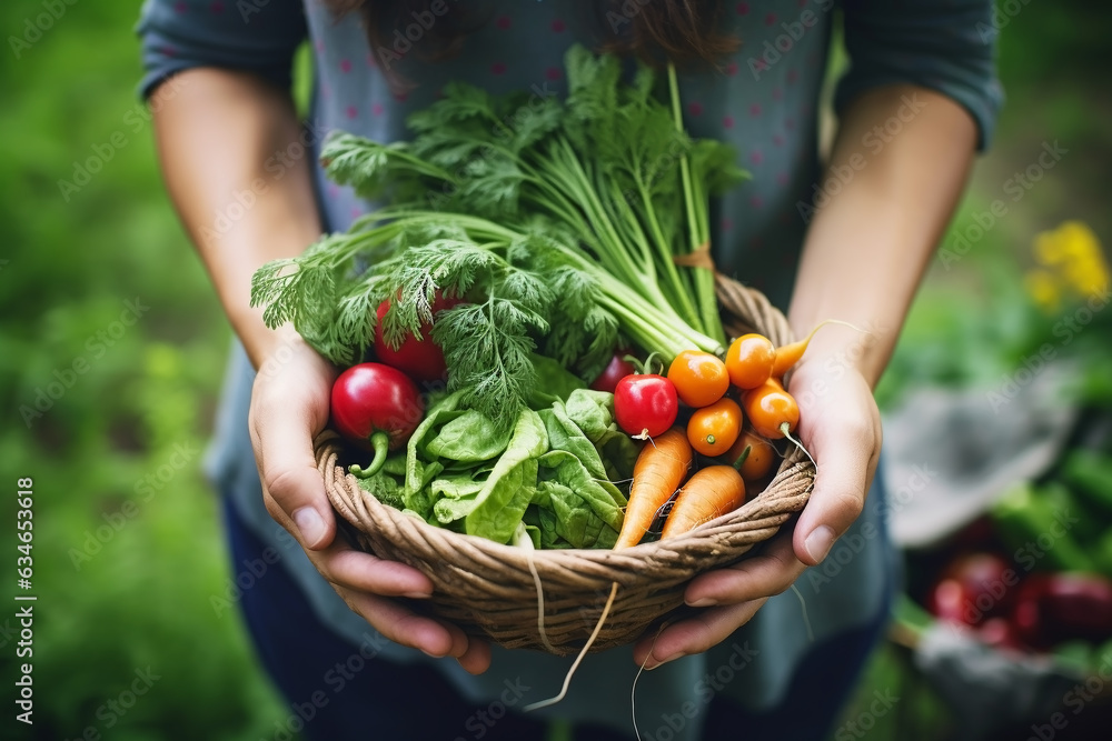 Young female farmer with basket of colorful fresh vegetables harvested from farm for health and diet concept. - obrazy, fototapety, plakaty 