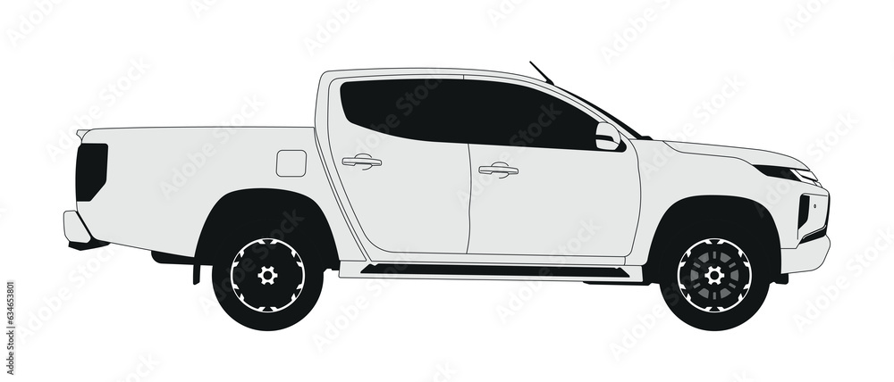 Naklejka premium White pickup sideview isoated. No background. Fully editable lines.