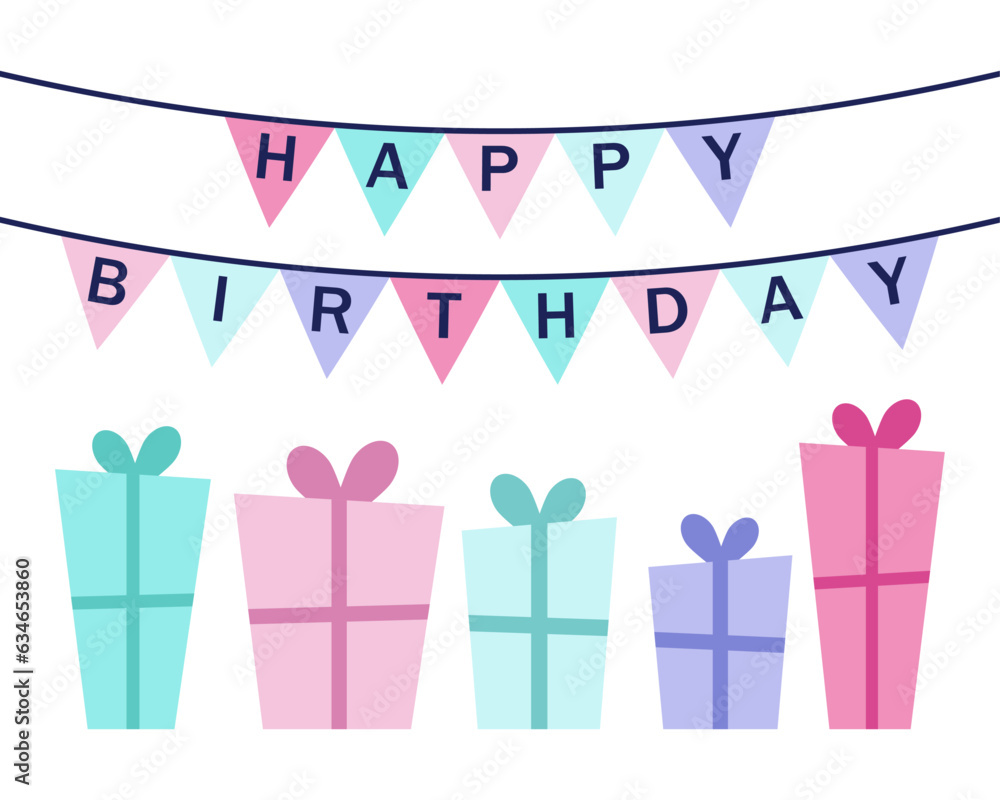 Happy birthday card with gifts and a garland of paper flags Happy birthday card with gifts and a garland of paper flags