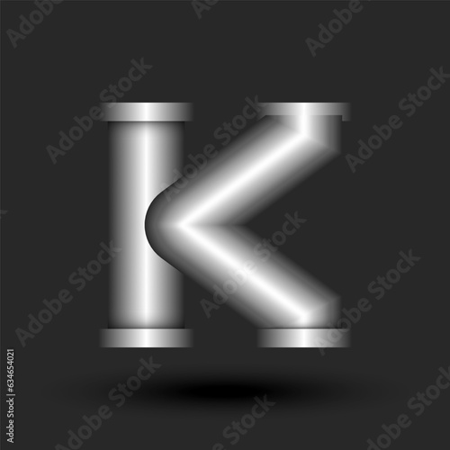 Letter K logo monogram 3d metallic line pipe shape construction with flanges, silver colour creative typography mark, industrial logotype mark style design.