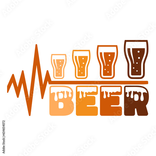 Heartbeat with beer mugs in cartoon style. Celebration of Beer Day and birthday vector funny tee shirt design.