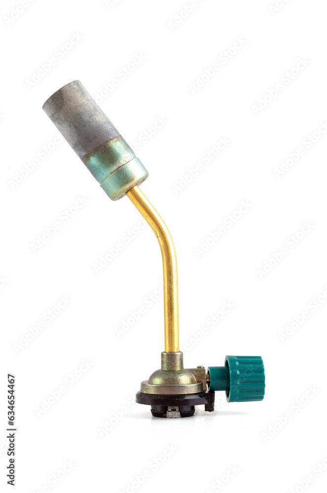 Fototapeta premium Manual gas torch burner for gas bottle, flame gun blow torch for camping, isolated on white background with clipping path included.
