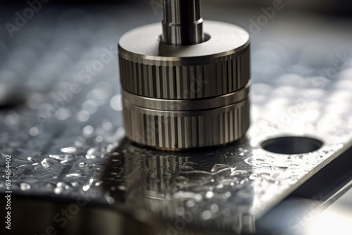 Macro shot of a hardness tester pressing against a shiny metal surface with reflection of surroundings