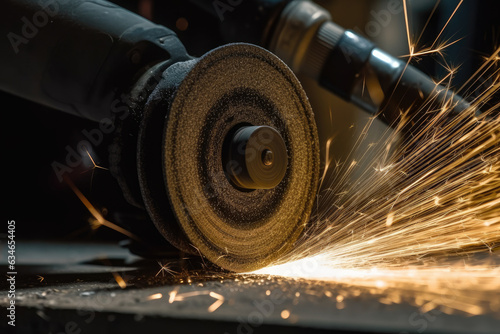 Macro shot of a flap disc attached to an angle grinder, grinding down a weld on a metal surface with bright sparks flying off