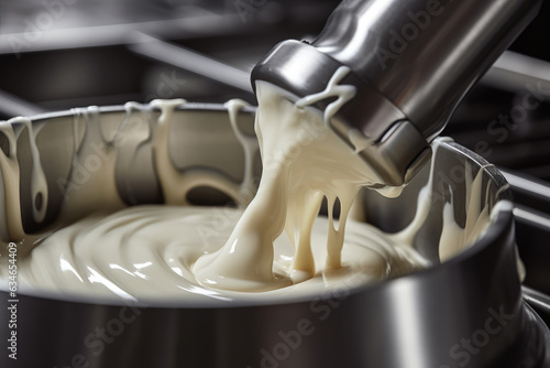 Macro shot of a homogenizer efficiently emulsifying milk and cream for dairy production photo