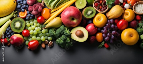 Healthy food clean eating selection fruit  vegetable  seeds  superfood  cereal  leaf vegetable on gray concrete background  Generative AI