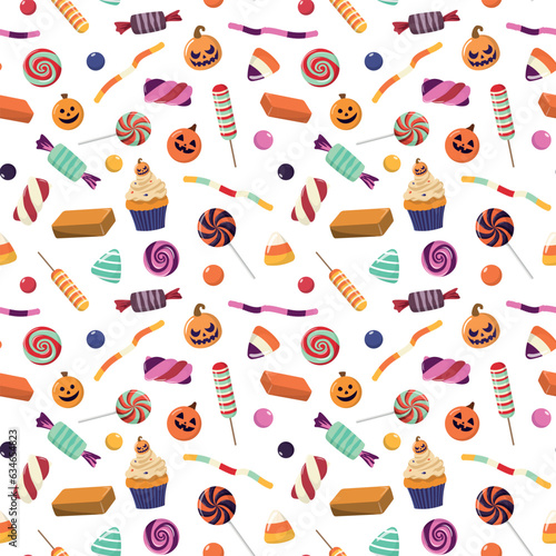Halloween sweets pattern. Vector background with Halloween candies. Many types of spooky desserts. Isolated on white background. Hand drawn delicious sweets.