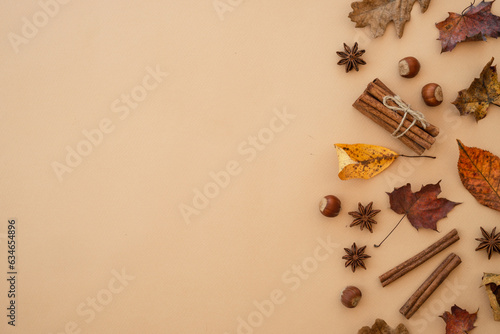 Autumn background falt lay. Fall leaves and spices on color background with space for text.