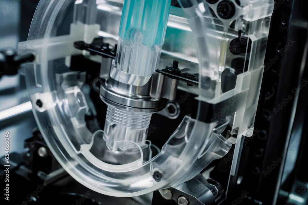 Macro shot of the intricate inner workings of a blow molding machine creating a plastic container with precision and speed