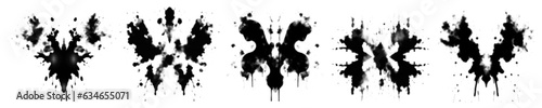 Rorschach inkblot test in halftone texture. Symmetrical abstract ink stains for grunge punk design. Geometric glitch distressed shapes with halftone dither dot print texture. Vector illustration
