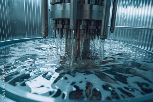 Metallic agitator blades rotating inside a steel tank filled with bubbling chemicals in a laboratory setting photo
