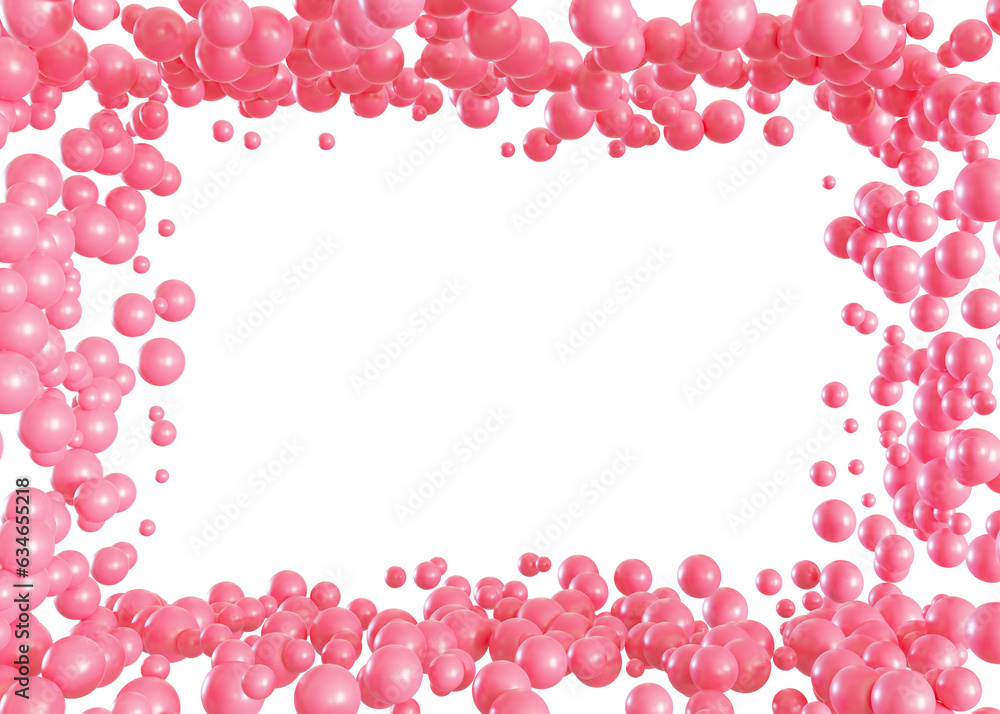 Pink balloons on transparent background. Vibrant foreground, PNG. Frame, border with copy space in the middle. Cut out graphic design elements. Happy birthday party. Its a girl backdrop. 3D.