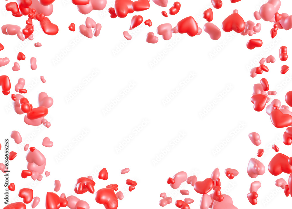 Pink, red hearts on transparent background, PNG. Cute foreground. Frame, border with copy space in the middle. Cut out graphic design elements. Valentine's Day decoration. Love symbol. 3D.