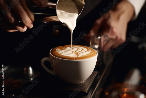 Cafe latte or cappuccino in a beautifully designed coffee cup is a lifestyle concept that creates a fantastic atmosphere with fantastic art by a top chef.
