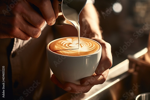 Cafe latte or cappuccino in a beautifully designed coffee cup is a lifestyle concept that creates a fantastic atmosphere with fantastic art by a top chef.