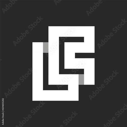 Initials LC or CL bold letters logo monogram from wide stripes on a black background. Overlapping white parallel lines with shadows in shape two letters C and L creative identity logotype.