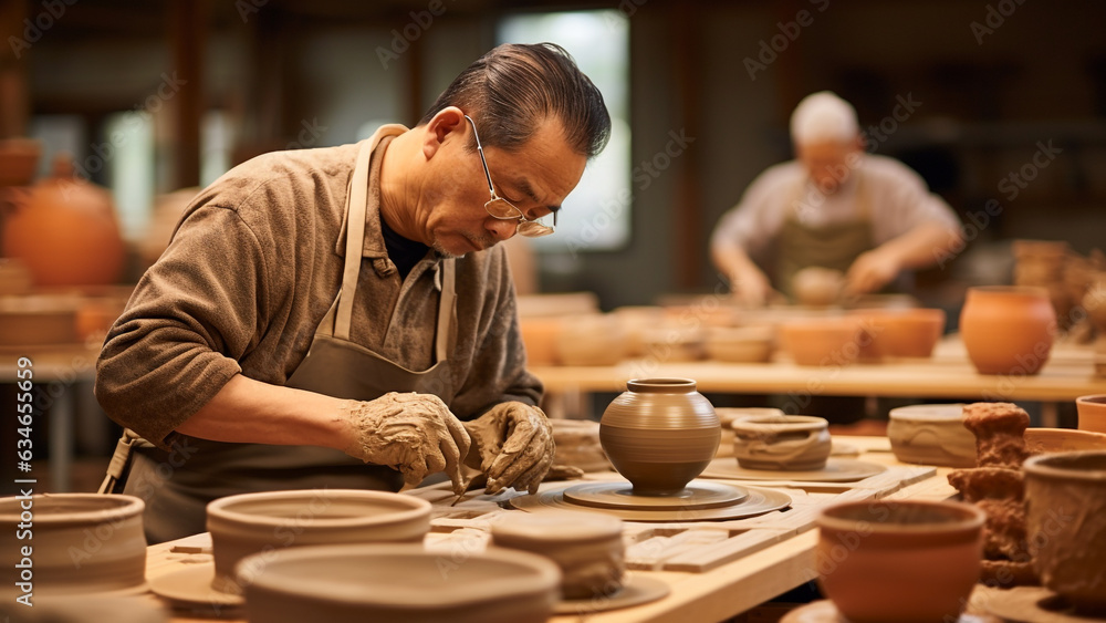 Japanese artisans making fine porcelain - obrazy, fototapety, plakaty 