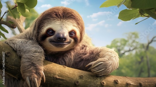  a sloth is sitting on a tree branch and smiling.  generative ai