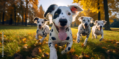 Cute funny dalmatian dogs group running_and_playing  photo