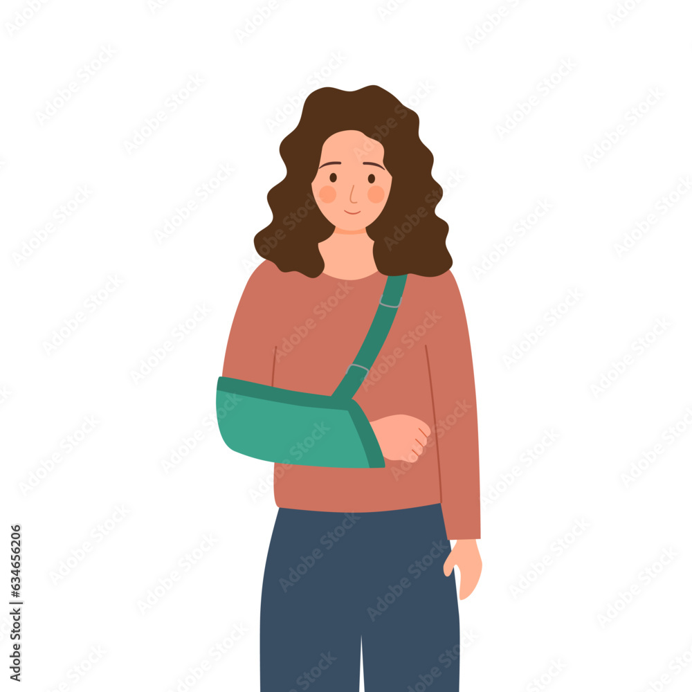 Woman with broken arm in flat design on white background. Arm sling concept.