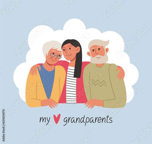 An adult granddaughter hugs her grandfather and grandmother. My beloved grandparents, lettering. Hand drawn vector flat linear illustration. National Grandparents Day