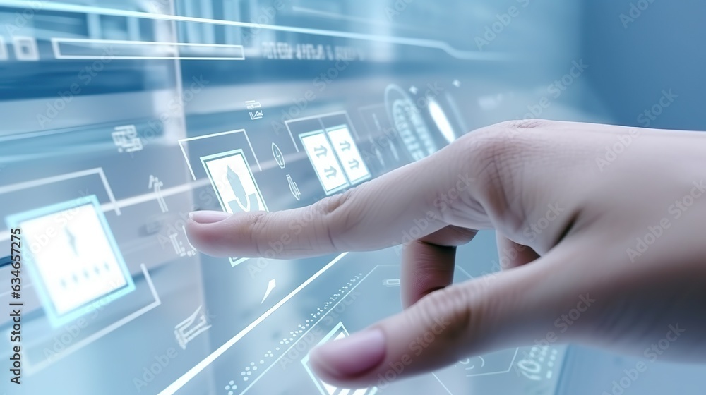 Hand touching virtual panel with code on media screen Hand touching virtual panel with code on media screen