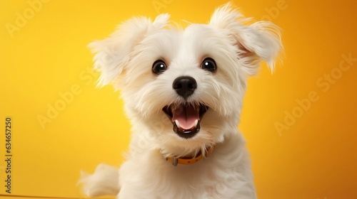 Happy white puppy dog smiling on isolated yellow bright background.