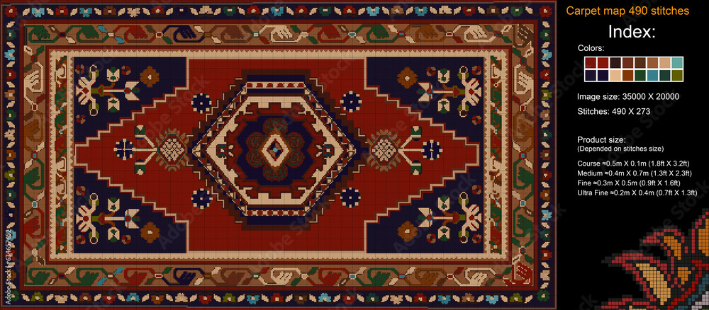¬¬Colorful carpet pattern for knitting cross stitch, carpet, rug, fabric, knitting, etc., with mosaic squares and grid guidelines. 490 stitches. Read the index to learn the details.